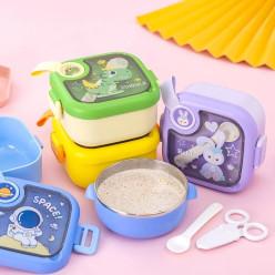 Square Kids Stainless Steel Lunch Box with Spoon and Scissor - 750 ml