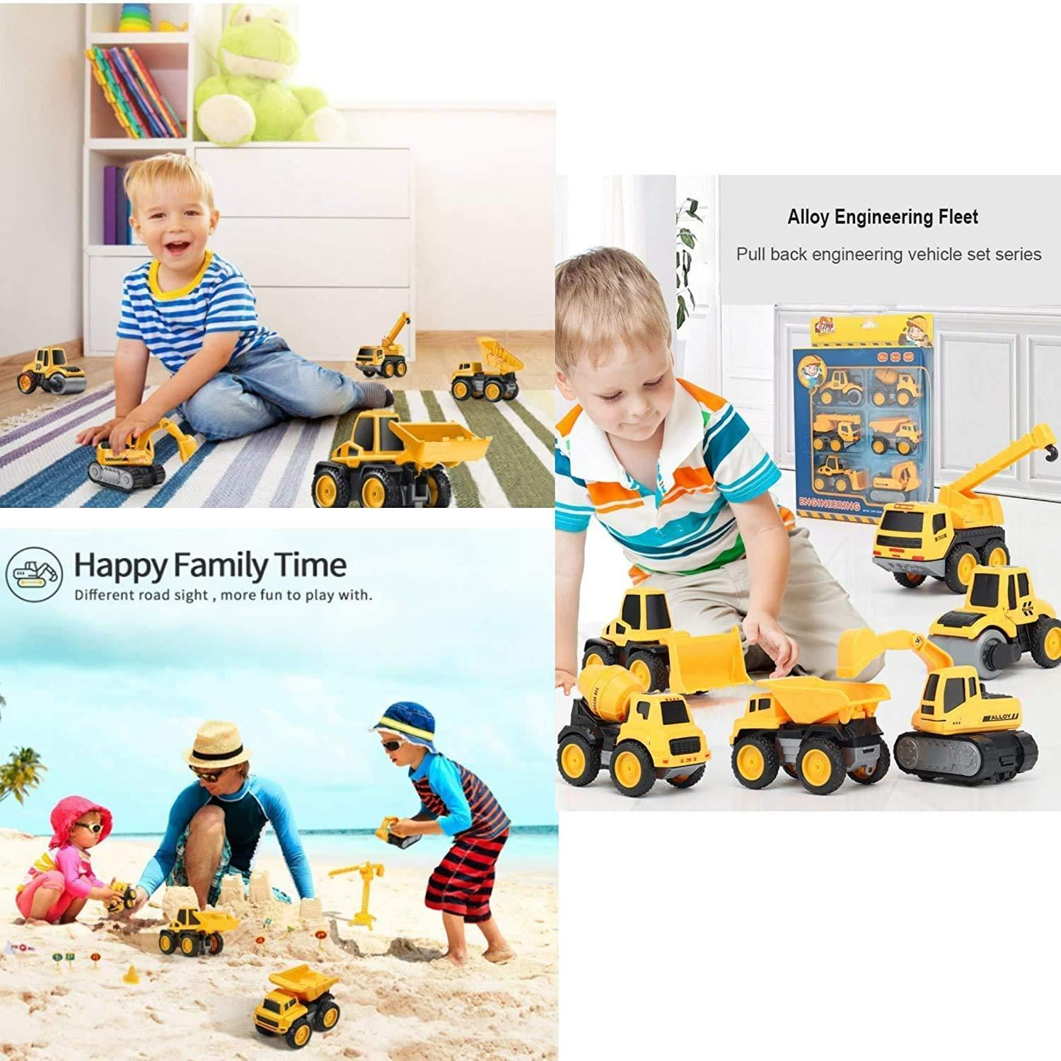 DIY Construction 6 in 1 Metal Team Car Engineering Automobile Contrucation Friction Powered Pull Back Crane Excavator Road Roller Forklift Mixer Vehicle