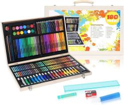 Colour Set For Kids 180 PCS Art Color Set Wooden Case Portable Painting Color Set Pencil Color Oil Pastels Crayons Sharpener Watercolor For Kids