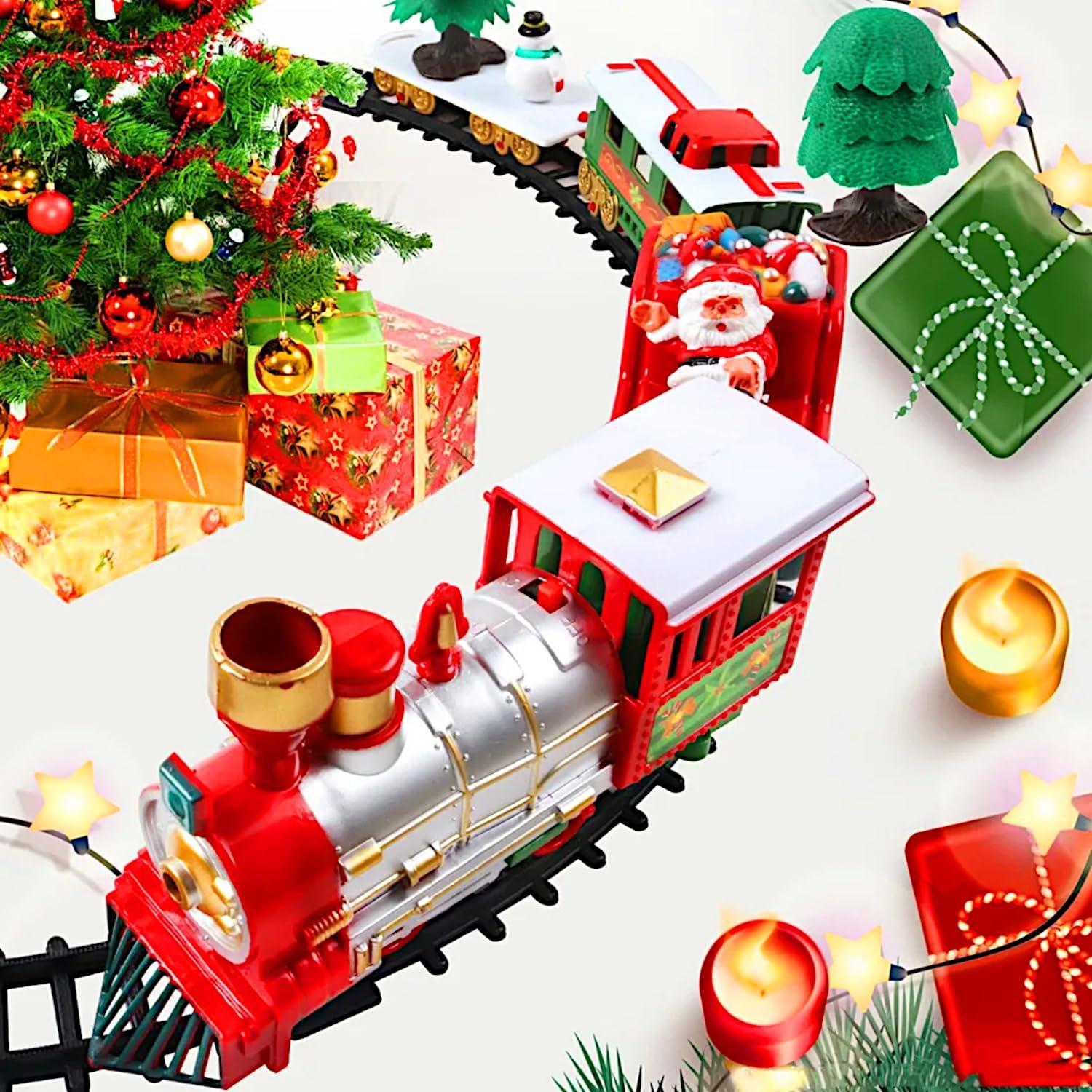 Kidoyz Christmas Tree Music Train Set, Xmas Sounds Light Locomotive, 22pcs Electric Engine Railway Track Playset, Kids Gifts Express Cargo Toy Rail, Snowman Carriage Santa Clause Sleigh