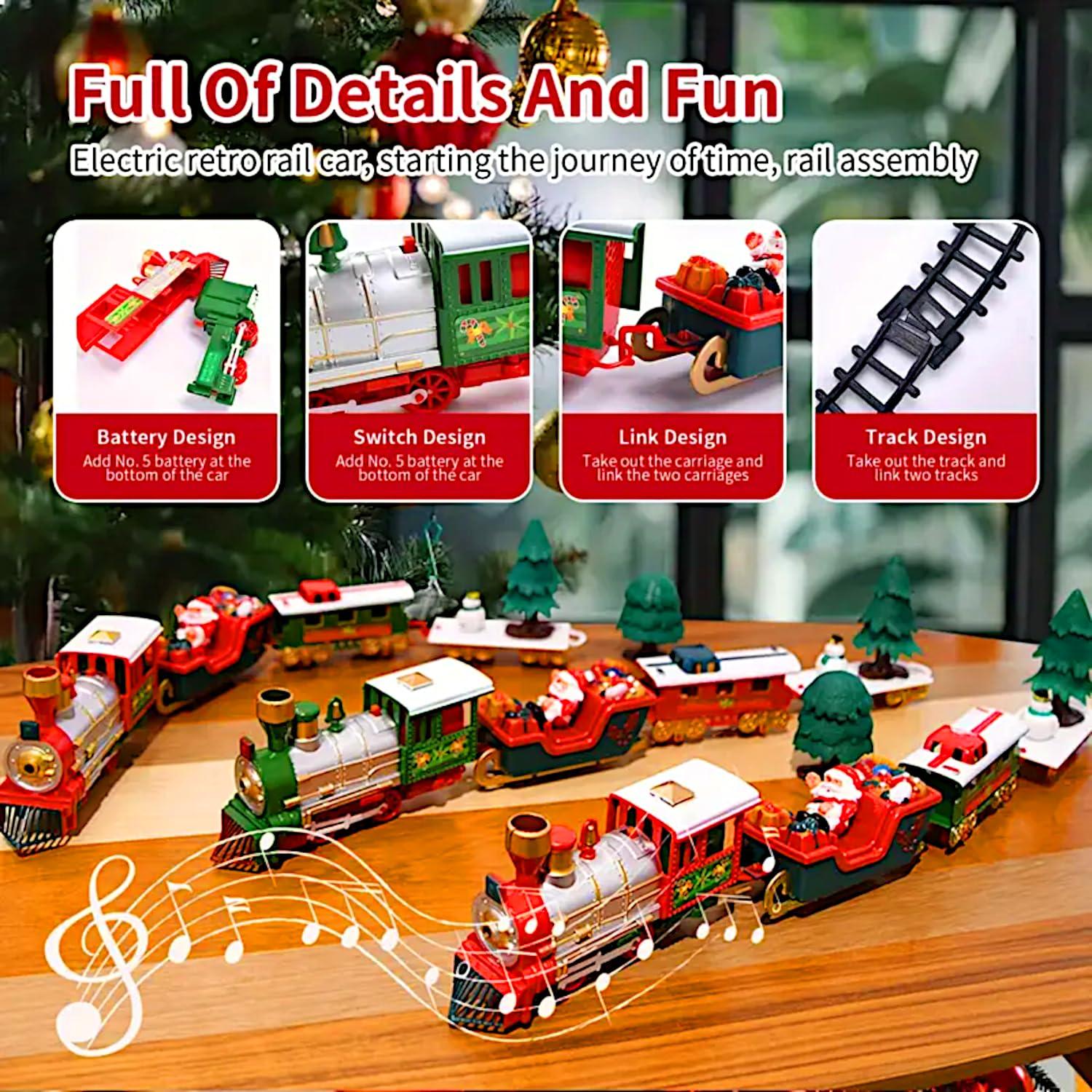 Kidoyz Christmas Tree Music Train Set, Xmas Sounds Light Locomotive, 22pcs Electric Engine Railway Track Playset, Kids Gifts Express Cargo Toy Rail, Snowman Carriage Santa Clause Sleigh