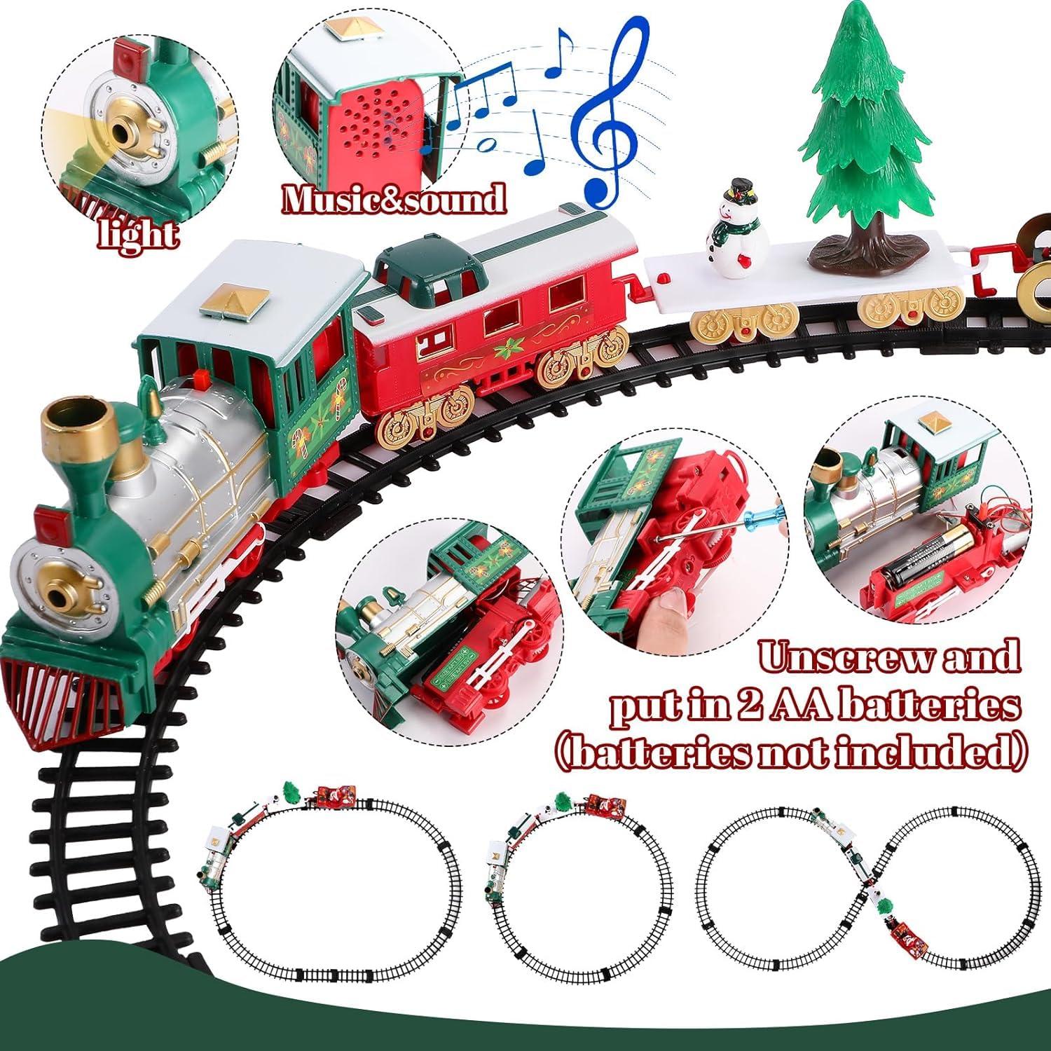 Kidoyz Christmas Tree Music Train Set, Xmas Sounds Light Locomotive, 22pcs Electric Engine Railway Track Playset, Kids Gifts Express Cargo Toy Rail, Snowman Carriage Santa Clause Sleigh