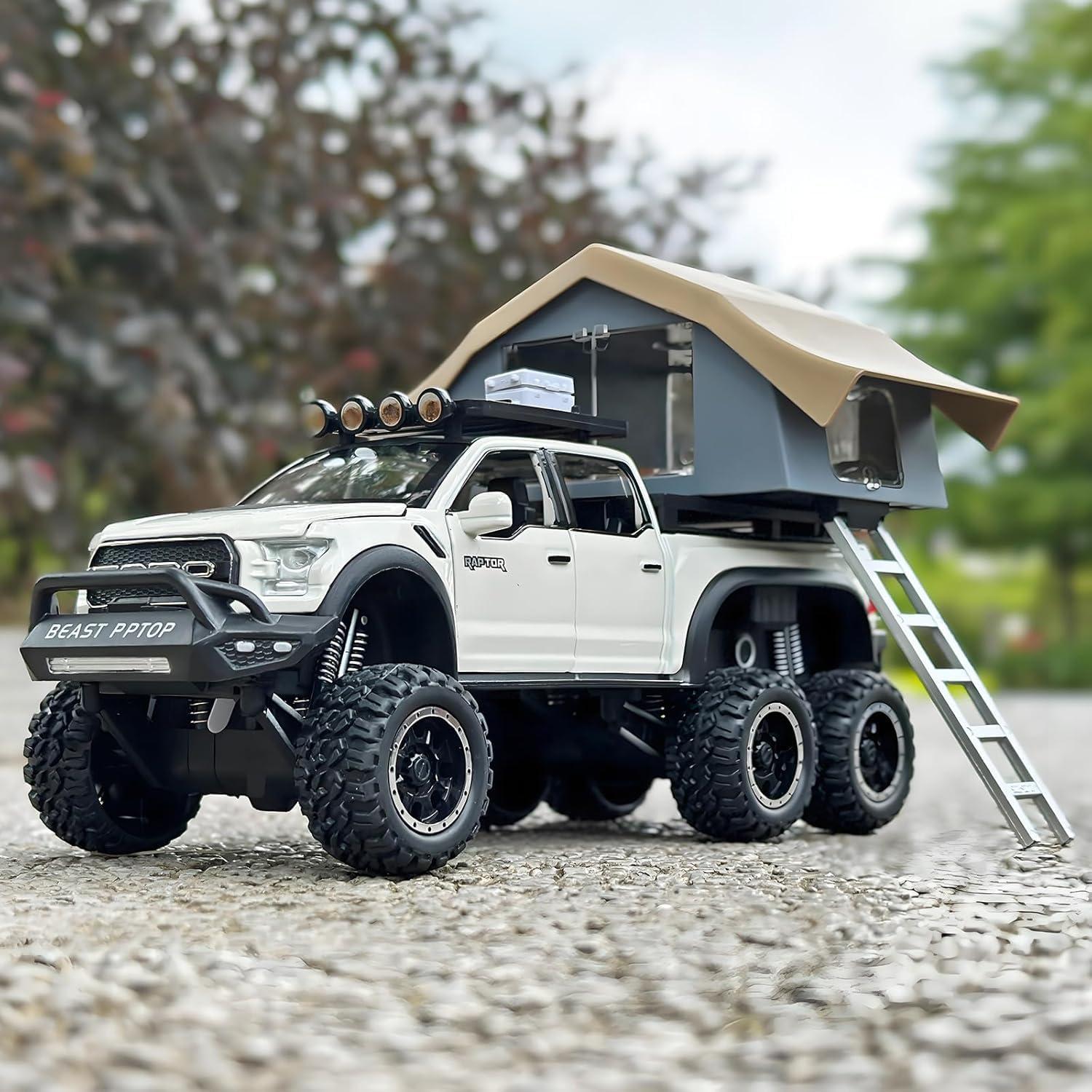 Big Wheel Alloy Diecast Model Car 1:24 Ford Raptor Motorhome With Sound And Light Pull Back Doors Open Ornament Decorate Metal Car Model Toys (Pickup Truck), Red