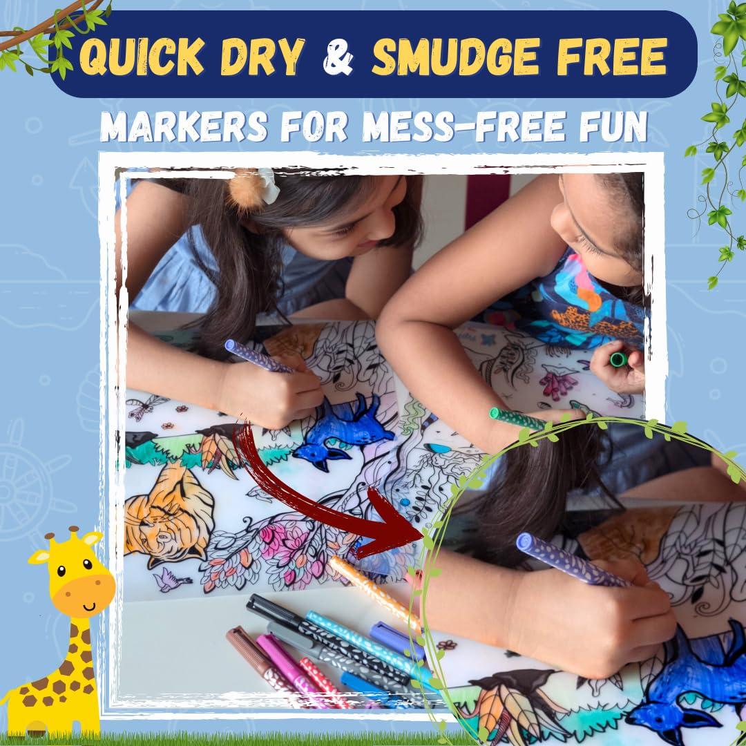 Reusable Coloring Placemats Sheet with 8 Erasable Marker Pens, Non Toxic,Creative Doodle Art Kit for Kids - ANIMAL