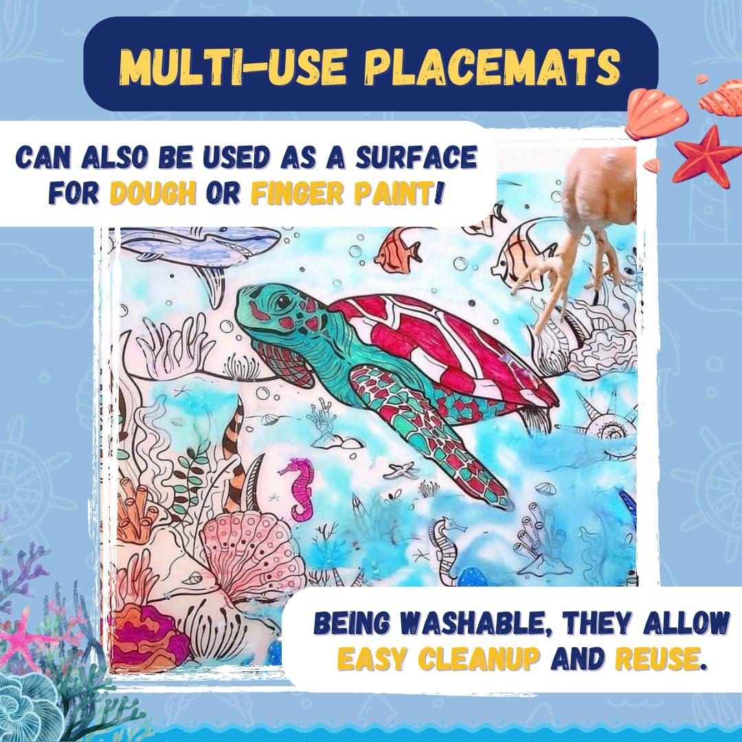 Reusable Coloring Placemats Sheet with 8 Erasable Marker Pens, Non Toxic,Creative Doodle Art Kit for Kids - ANIMAL
