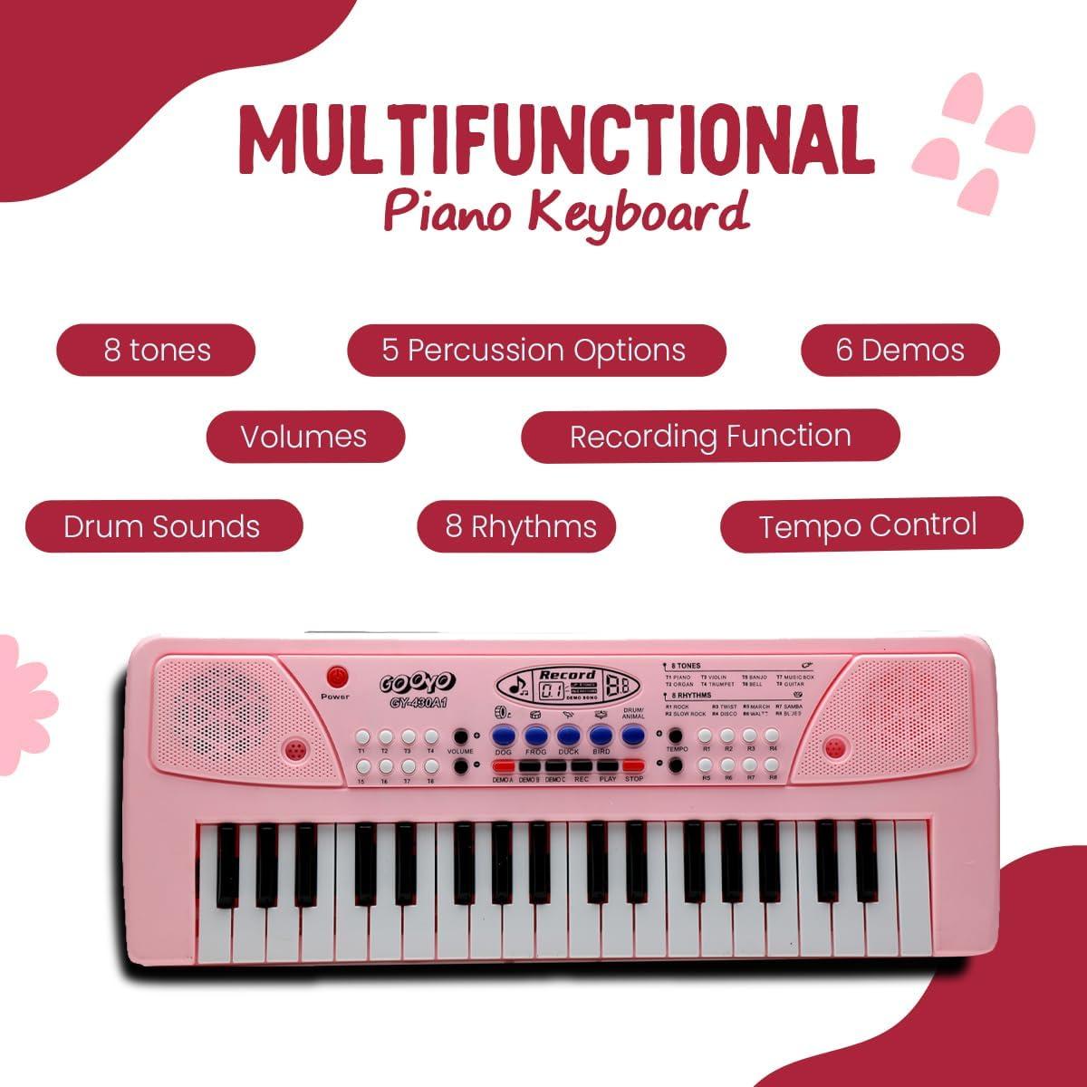 Musical Piano Keyboard, Pink, 37 Keys with Microphone, 8 Rhythms and Tones, USB Powered, Recording Function, Educational Musical Toy for Children 18 Months to 5 Years