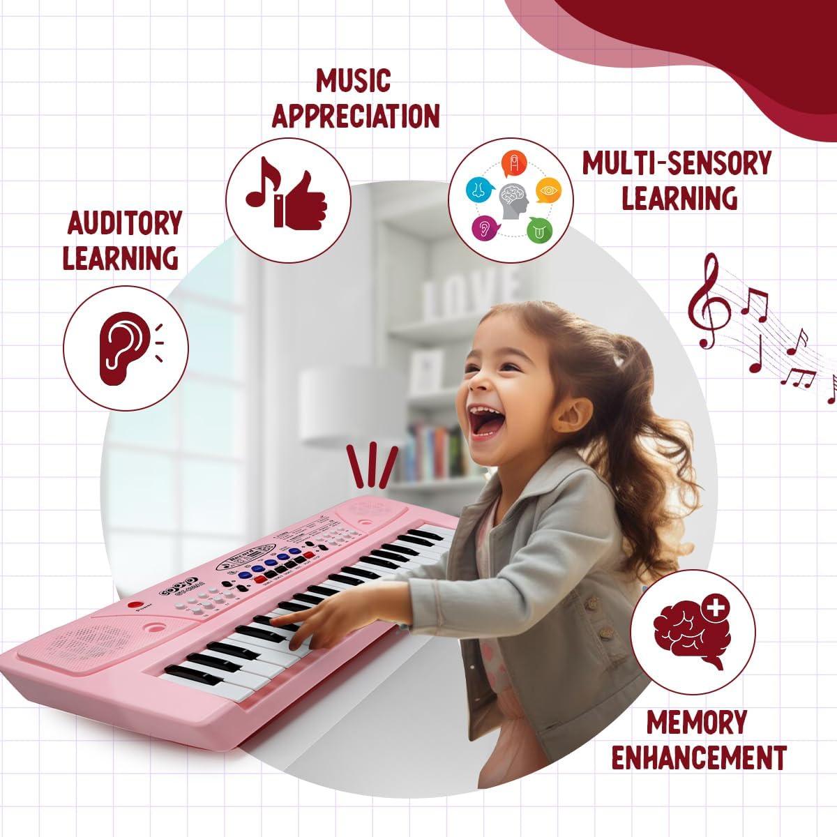 Musical Piano Keyboard, Pink, 37 Keys with Microphone, 8 Rhythms and Tones, USB Powered, Recording Function, Educational Musical Toy for Children 18 Months to 5 Years