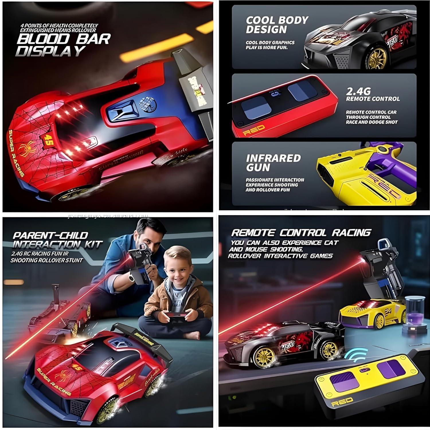 2.4G RC Sports Car with Infrared Battle Gun, 3-in-1 Detachable Remote Control Racing Car, Shooting & Rollover Action Toy Car for Kids Boys Girls